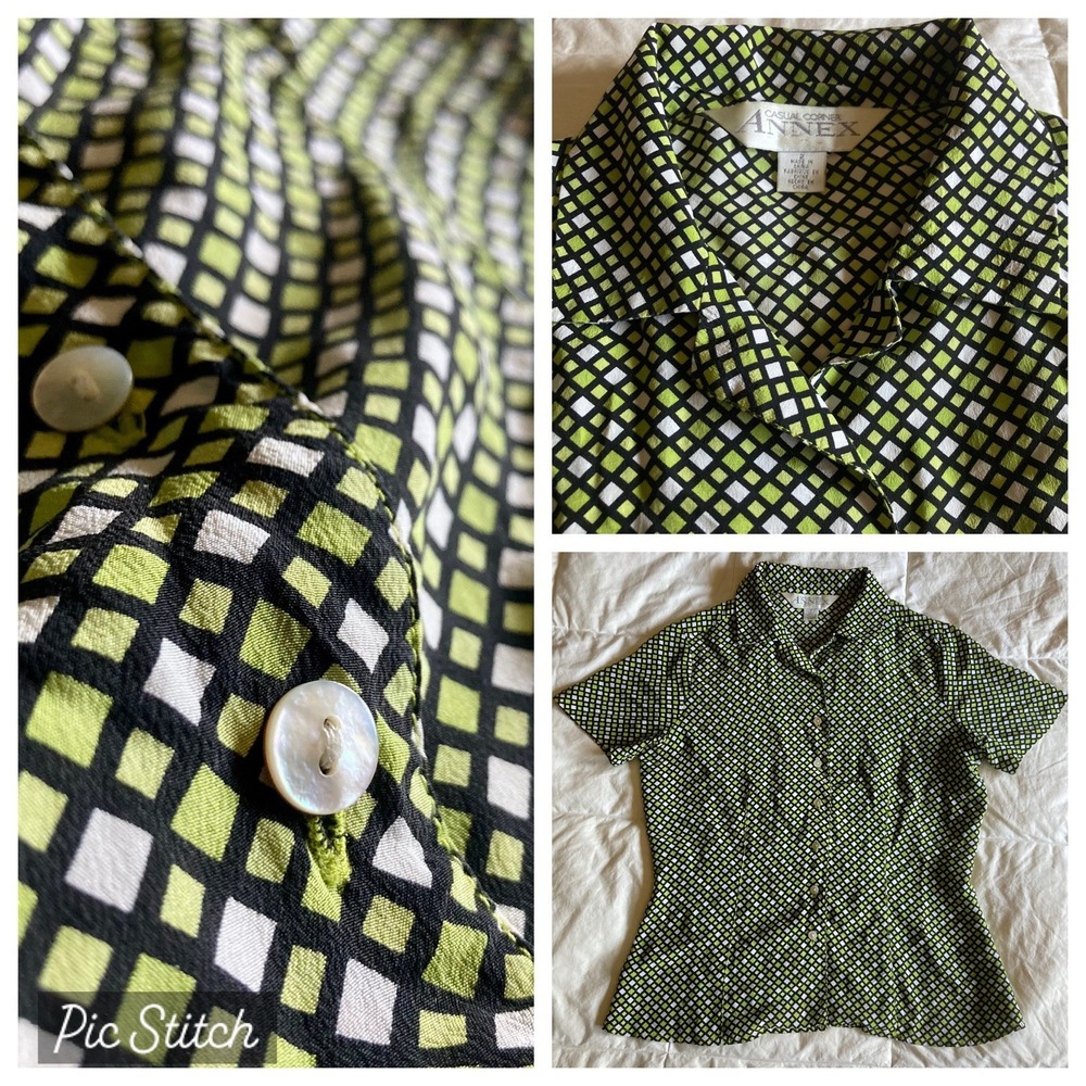 VTG Casual Corner Annex Size 2 Blouse 100% Silk Retro Geometric Chartreuse Black